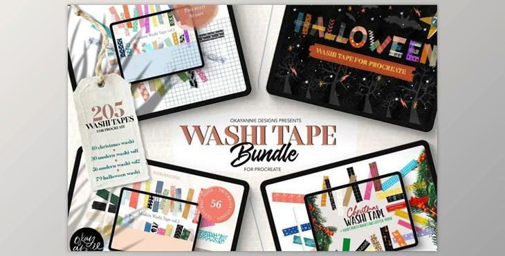 205 Washi Tape Bundle for Procreate (PNG, JPG, BRUSH)