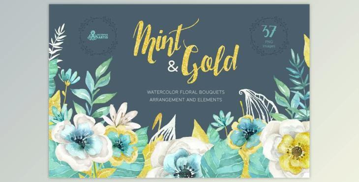 Mint & Gold Flowers By OctopusArtis (PNG)