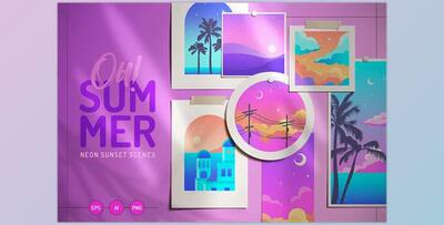 Oh Summer Neon sunset scene set CreativeMarket - 6211892