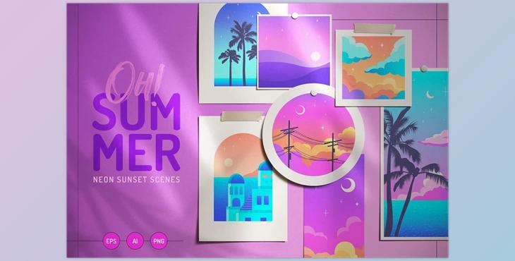 Oh Summer Neon sunset scene set CreativeMarket - 6211892