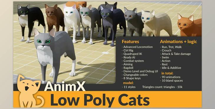 Unreal Engine - AnimX: Low Poly Cats (Engine version 4.26- 4.27, 5.0- 5.2)