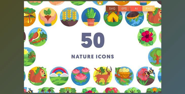 50 Nature Icons - trees, forest, nature scene, cute