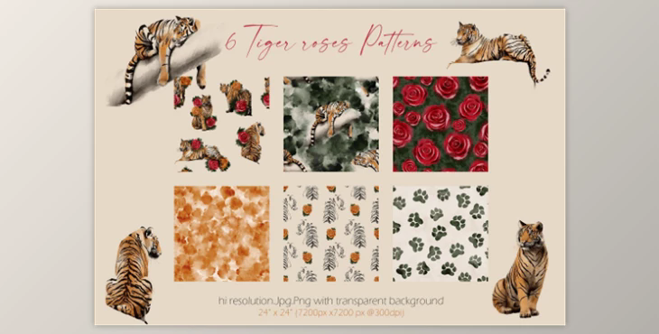 Tigers & Roses watercolor collection CreativeMarket - 6941142