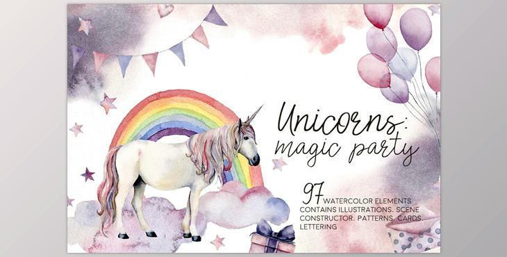 Unicorns: magic party. Watercolor CreativeMarket-3038328