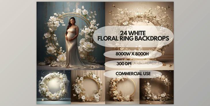 24x White Floral Ring Digital Backdrops