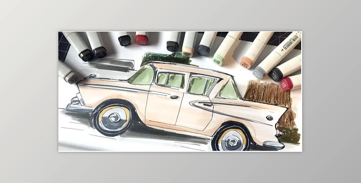 Start Urban Sketching And Draw A Vintage Car Using Professional Markers!