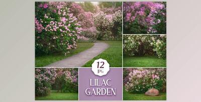 12 Lilac Garden Backdrops, Summer Digital Photoshop Backgrounds with Flowering Trees & Green Grass for Photographers