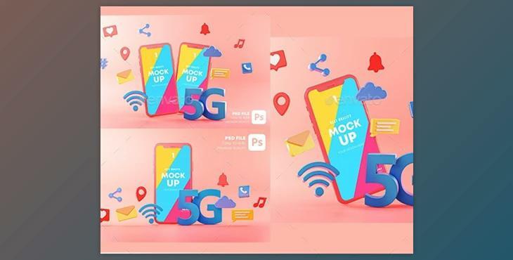 5G Phone Concept Wifi Connection on Pink Background With Icons 3D Rendering. Mockup Template GraphicRiver-29902902 (PSD)