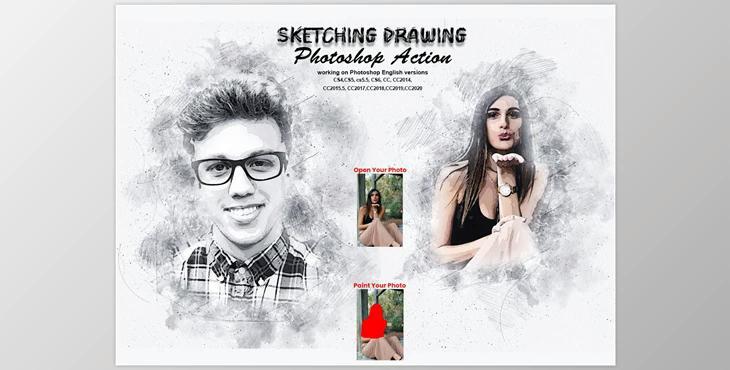 Sketching Drawing Photoshop Action CreativeMarket-5737073 (ATN, PAT, ABR)