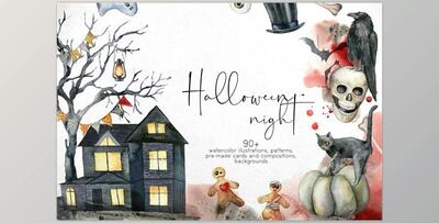 CreativeMarket – Happy Halloween Night. Watercolor 1781273