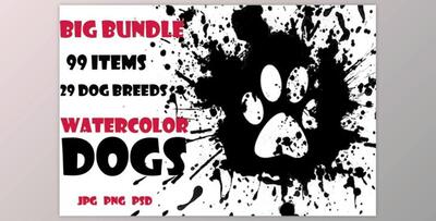 Watercolor Dogs set. Big Bundle By Watercolor & Vector (JPG, PSD, PNG)