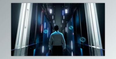 Digital Disruption Man in Futuristic Office Interior Moving and Activating Hologram (VideoHive 47613183)