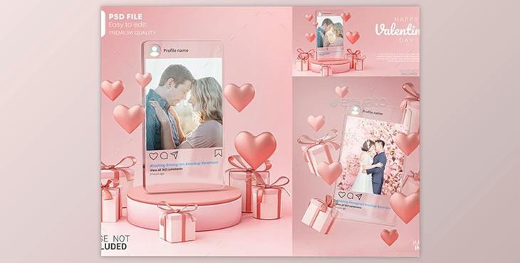 Instagram Post Mockup on Glass Template Valentine Wedding Love Heart Shape and Gift Box 3D Rendering – GraphicRiver 30090315 (PSD)