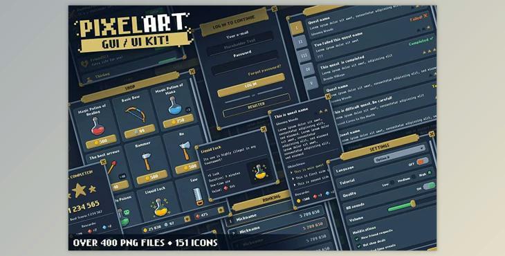 Unity Assets - Pixel Art GUI / UI Kit - over 400 PNG + 151 icons! v1.1