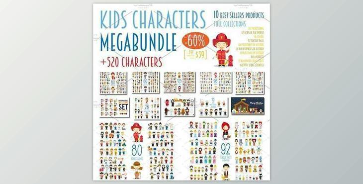 MEGABUNDLE Kids Characters Sets CreativeMarket-2381388 (JPG, PNG, EPS, AI)