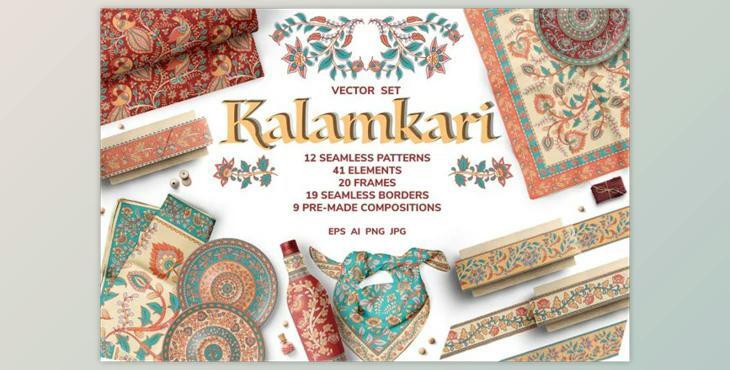 KALAMKARI. Vector Set Ornaments By Irina Skaska